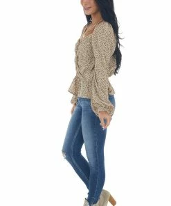 FSL APPAREL Beige Animal Print Ruching Front Peplum Blouse Tops 33 FSL APPAREL Beige Animal Print Ruching Front Peplum Blouse Tops