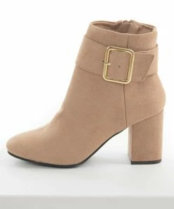 East Lion Corp. Shoes Latte Suede Large Buckle Block Heel Booties