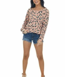 BiBi Tops Salmon Leopard Long Sleeve Boat Neck Knit Top