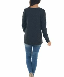 BiBi Tops Melange Black Long Sleeve Thumb Hole Knit Top