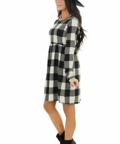 HEIMISH Dresses Black And Ivory Buffalo Plaid BabyDoll Dress With Pockets