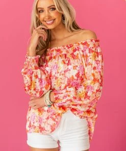 Umgee Tops Baby Pink Sheer Floral Off The Shoulder Top