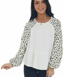 Umgee Tops Off White Animal Print Bubble Sleeve Linen Top