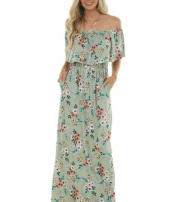 Celeste Design Sage Floral Print Off The Shoulder Maxi Dress