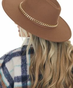 Fame Accessories Coffee Felt Flat Brim Western Style Hat With Chain Detail