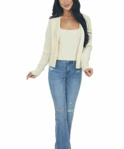Miss Sparkling Cream Knit Crop Top And Cardigan Set Tops
