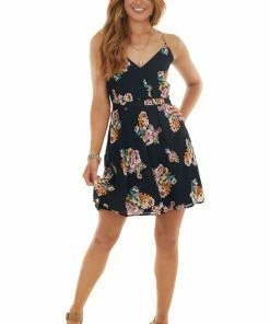 ROKOKO Black Floral Open Back Sleeveless Mini Dress