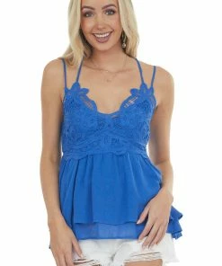 Lime Lush Tops Royal Blue Babydoll Lace Ruffle Hem Blouse