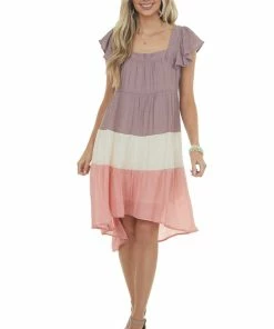 Umgee Dresses Mauve Colorblock Square Neckline Short Dress
