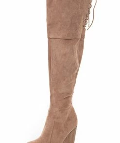 Charming Shoes Taupe Over The Knee High Boots With Lace Up Back Detail