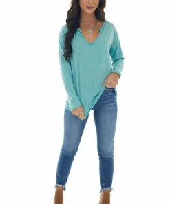 BiBi Tops Heathered Teal Notch Neck Chest Pocket Top