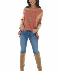 Easel Tops Terracotta Colorblock Boat Neck Outseam Top