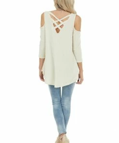 CY Fashion Dark Cream Cold Shoulder Top With Back Criss Cross Detail Tops