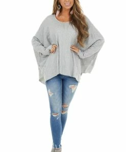 Kye Mi Heather Grey Oversized Thermal Knit Long Sleeve Top