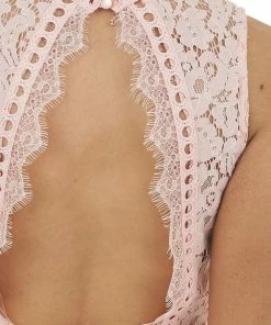 Main Strip Peach Sleeveless Lace Dress With Sheer Details