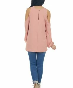 143 Story Hazy Coral Cold Shoulder Long Sleeve Top With Crossed Neck