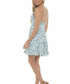 Sweet Lemon Ocean Floral Tiered Sleeveless Short Dress
