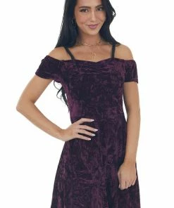 ANGIE Dresses Plum Velvet Cold Shoulder Cap Sleeve Dress