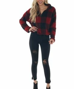 Style Melody Cranberry Buffalo Plaid Sherpa Pullover Jacket Outerwear