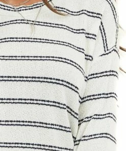 Staccato Ivory And Black Striped Knit Top With Long Sleeves Tops