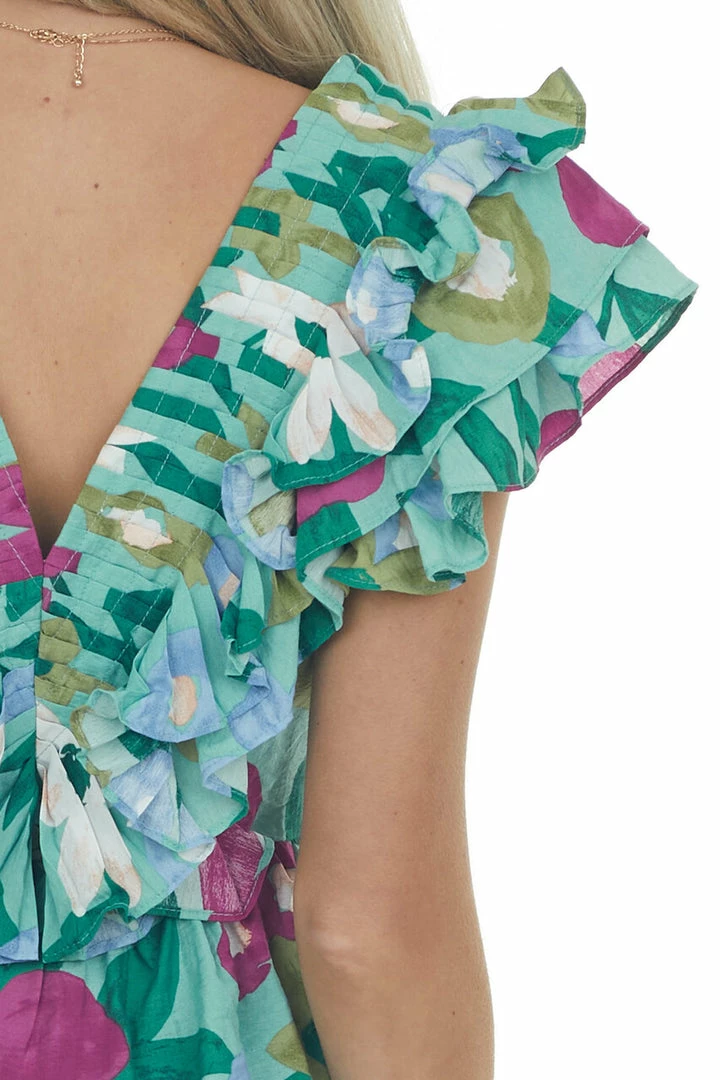 Entro Tops Seafoam Floral Print Frilly Plunge Neck Top 15 Entro Tops Seafoam Floral Print Frilly Plunge Neck Top