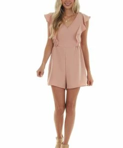 Ces Femme Dusty Peach Smocked Side Ruffle Woven Romper Dresses