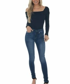 143 Story Black Off Shoulder Overlay Detail Bodysuit Tops