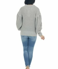 GeeGee Tops Pewter Grey Puff Sleeve Thick Knit Sweater