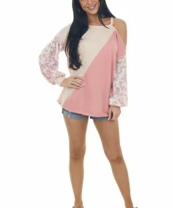BiBi Peach Leopard Colorblock Cold Shoulder Top Tops