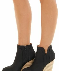 CCOCCI Black Faux Suede Stacked Wedge Bootie Shoes