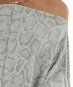 143 Story Dove Grey Snake Print Long Dolman Sleeve Off Shoulder Top Tops