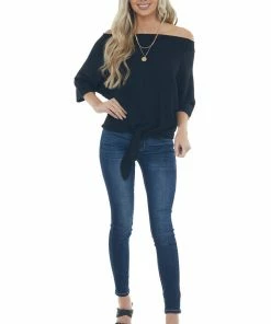 First Love Black Waffle Knit Boat Neck Top With Tie Tops