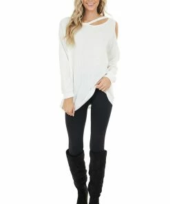 BiBi Ivory Waffle Knit Single Cold Shoulder Top With Neck Cutout 33 BiBi Ivory Waffle Knit Single Cold Shoulder Top With Neck Cutout