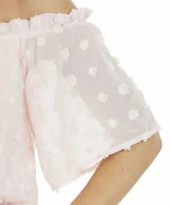 She + Sky Tops Blush Swiss Dot Off The Shoulder Crop Top With Elastic Hem