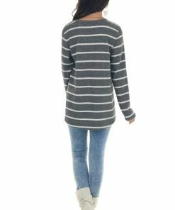 Now N Forever Tops Graphite Striped Brushed Knit V Neckline Top