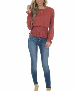 She + Sky Marsala Smocked Waist Bubble Sleeve Peplum Top Tops