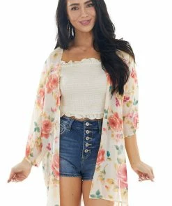 Haptics Light Blush Floral Print Lightweight Open Front Kimono