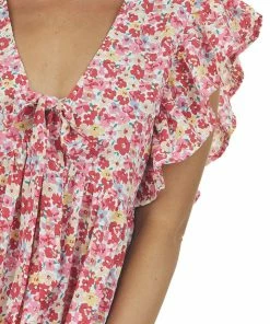 Umgee Punch Pink Floral Print Babydoll V Neck Dress