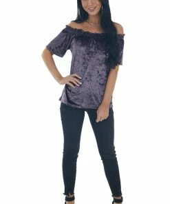 ANGIE Tops Violet Velvet Frilled Off The Shoulder Top