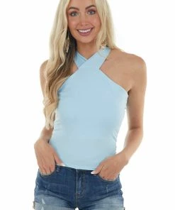 Peach Love Sky Blue Halter Neck Wrap Crop Top