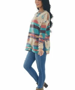 IWT Brands Beige Multicolor Aztec Print Long Sleeve Top Tops 32 IWT Brands Beige Multicolor Aztec Print Long Sleeve Top Tops