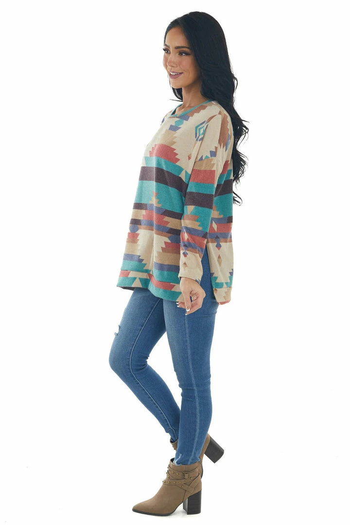 IWT Brands Beige Multicolor Aztec Print Long Sleeve Top Tops 17 IWT Brands Beige Multicolor Aztec Print Long Sleeve Top Tops