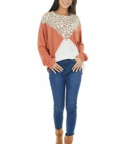 First Love Terracotta Leopard Colorblock Long Dolman Sleeve Knit Top