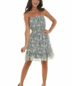 She + Sky Slate Blue Floral Strapless Woven Short Dress Dresses