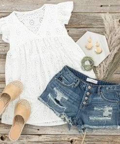 Ces Femme Pearl Short Flutter Sleeve Babydoll Eyelet Lace Knit Top