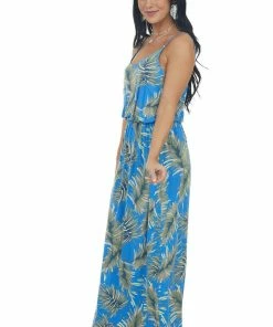 Lush Clothing Cobalt Blue Leaf Print Maxi Dress With Straps Dresses