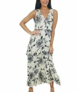 Ces Femme Dresses Champagne Floral Sleeveless Tiered Midi Dress
