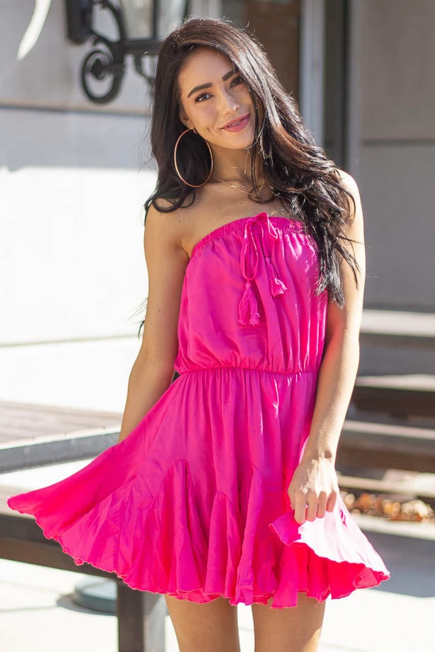 Main Strip Hot Pink Strapless Woven Short Dress With Flowy Ruffle Hem Dresses 20 Main Strip Hot Pink Strapless Woven Short Dress With Flowy Ruffle Hem Dresses