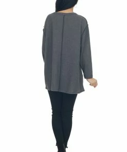BiBi Graphite Long Sleeve Brushed Waffle Knit Top Tops