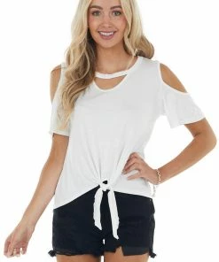 HEIMISH Ivory Short Sleeve Knit Top With Front Tie Detail